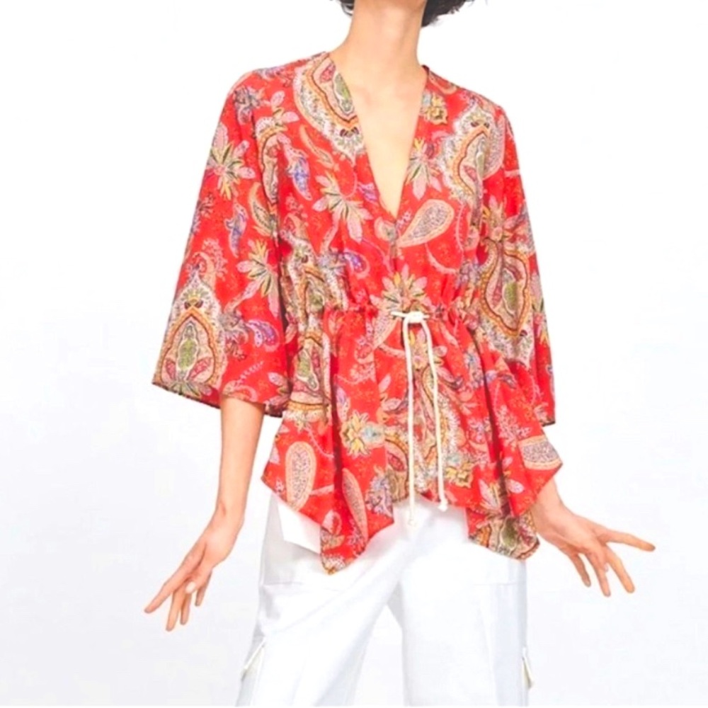 ZARA Colorful Floral Paisley Drawstring Blouse